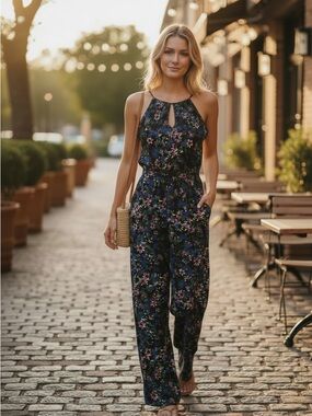 South Moon Under Navy Floral Halter Jumpsuit